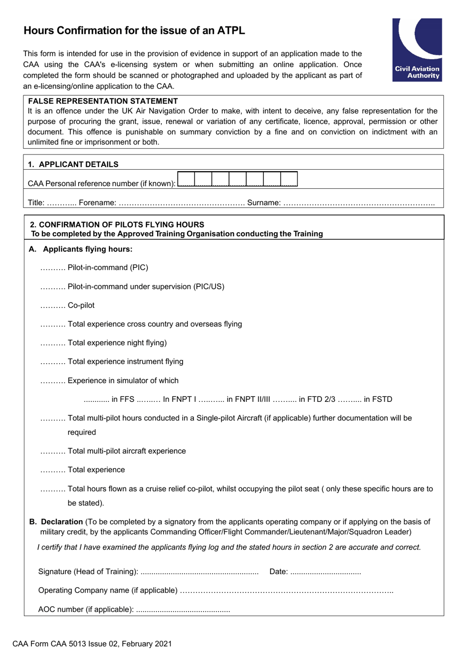 Form CAA5013 Hours Confirmation for the Issue of an Atpl - United Kingdom, Page 1