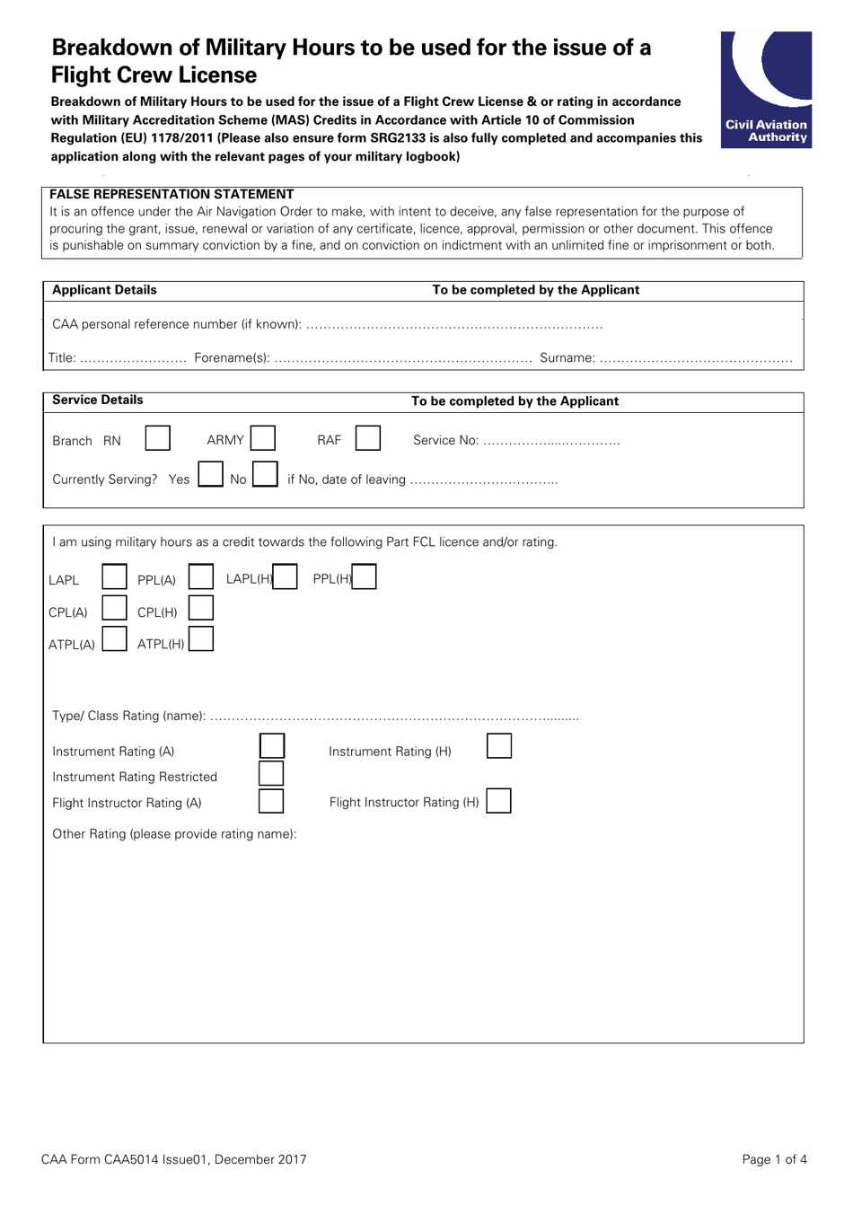 CAA Form CAA5014 Breakdown of Military Hours to Be Used for the Issue of a Flight Crew License - United Kingdom, Page 1