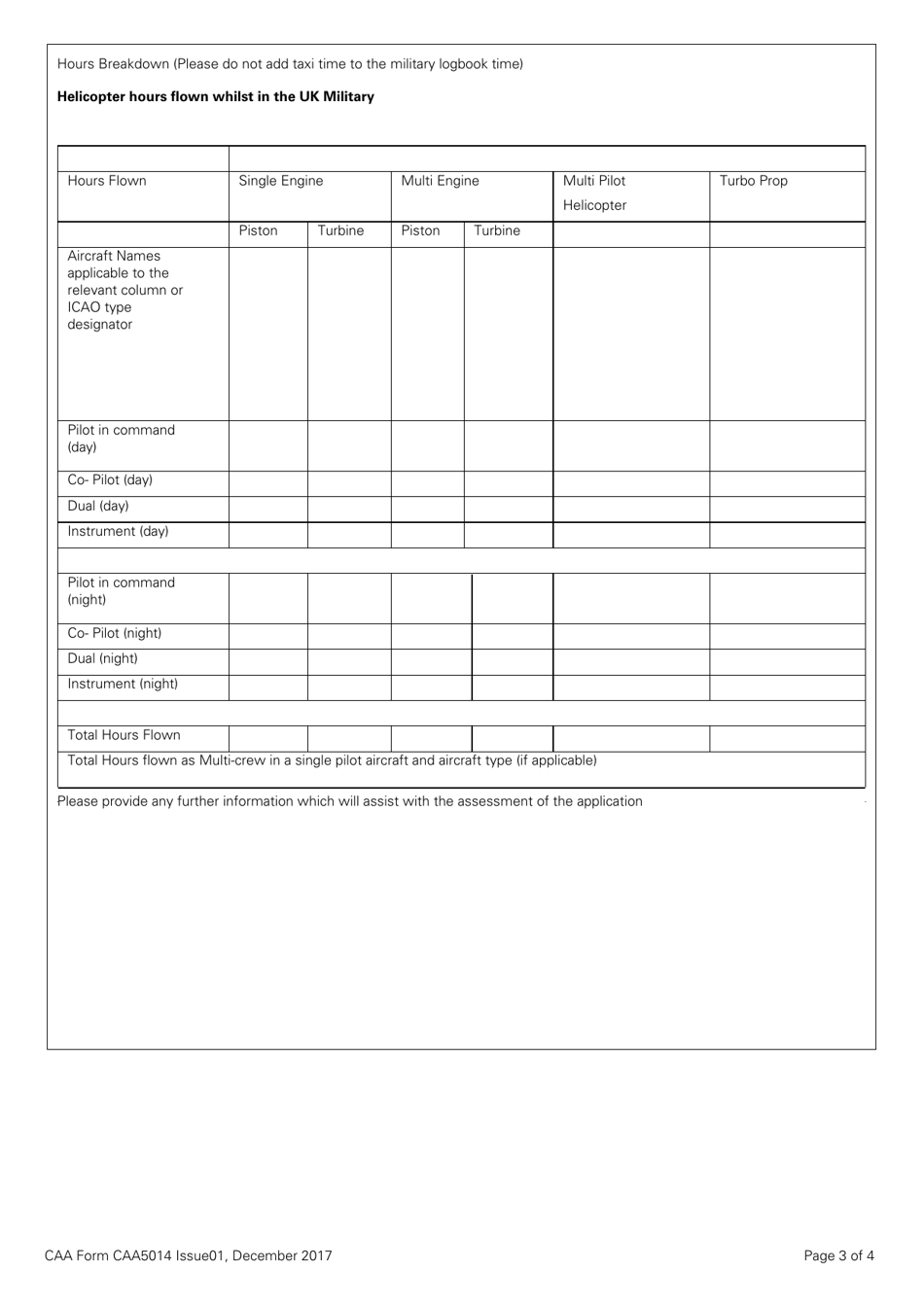 CAA Form CAA5014 Breakdown of Military Hours to Be Used for the Issue of a Flight Crew License - United Kingdom, Page 3