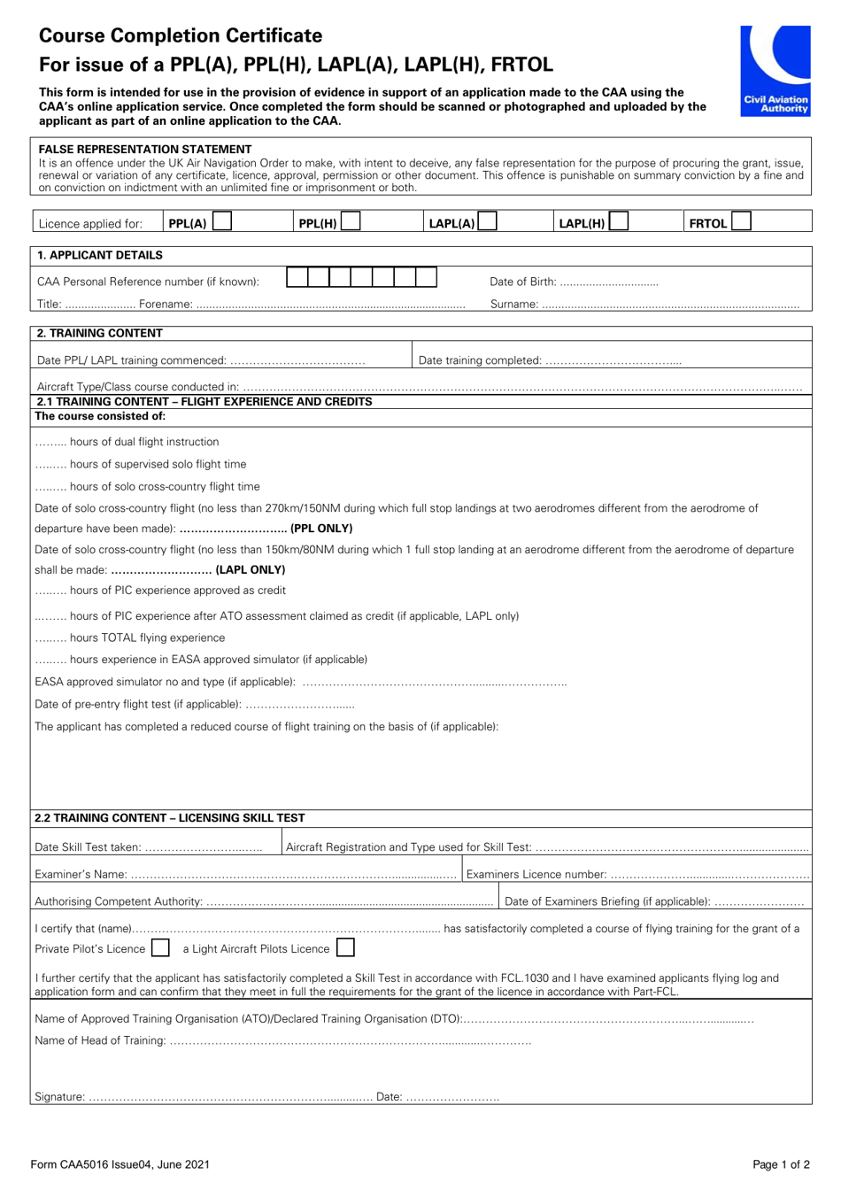 Form CAA21 Download Fillable PDF or Fill Online Course