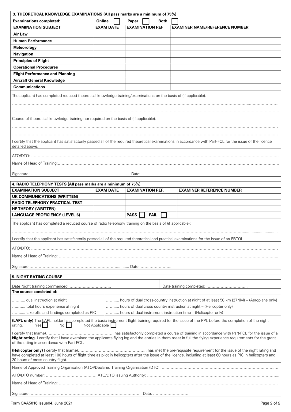 Form CAA5016 Course Completion Certificate for Issue of a Ppl(A), Ppl(H), Lapl(A), Lapl(H), Frtol - United Kingdom, Page 2