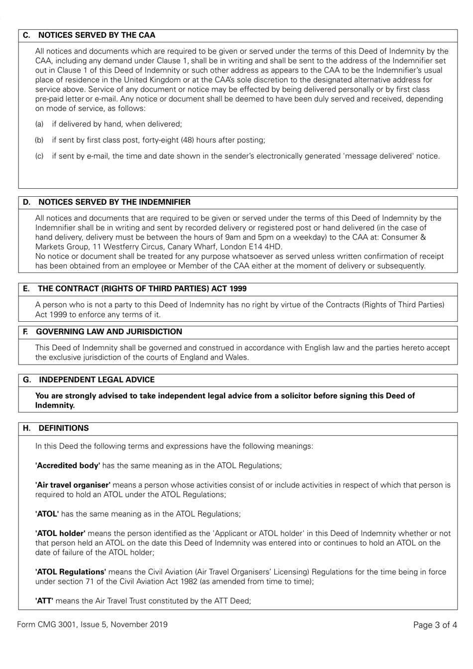Form CMG3001 Deed of Indemnity From an Individual to the Att Trustees Overtrading Indemnity - Standard Atol (Or Franchise Member Licensed for More Than 1,000 Passengers) - United Kingdom, Page 3