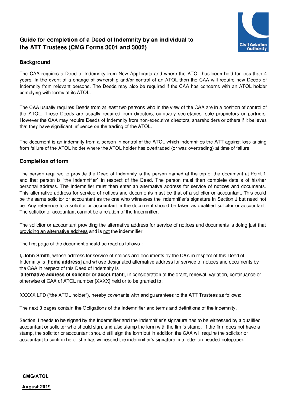 Form CMG3001 Deed of Indemnity From an Individual to the Att Trustees Overtrading Indemnity - Standard Atol (Or Franchise Member Licensed for More Than 1,000 Passengers) - United Kingdom, Page 5