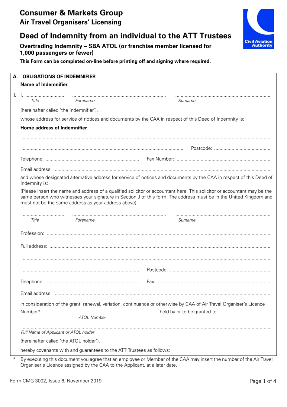 Form CMG3002 Deed of Indemnity From an Individual to the Att Trustees Overtrading Indemnity - SBA Atol (Or Franchise Member Licensed for 1,000 Passengers or Fewer) - United Kingdom, Page 1