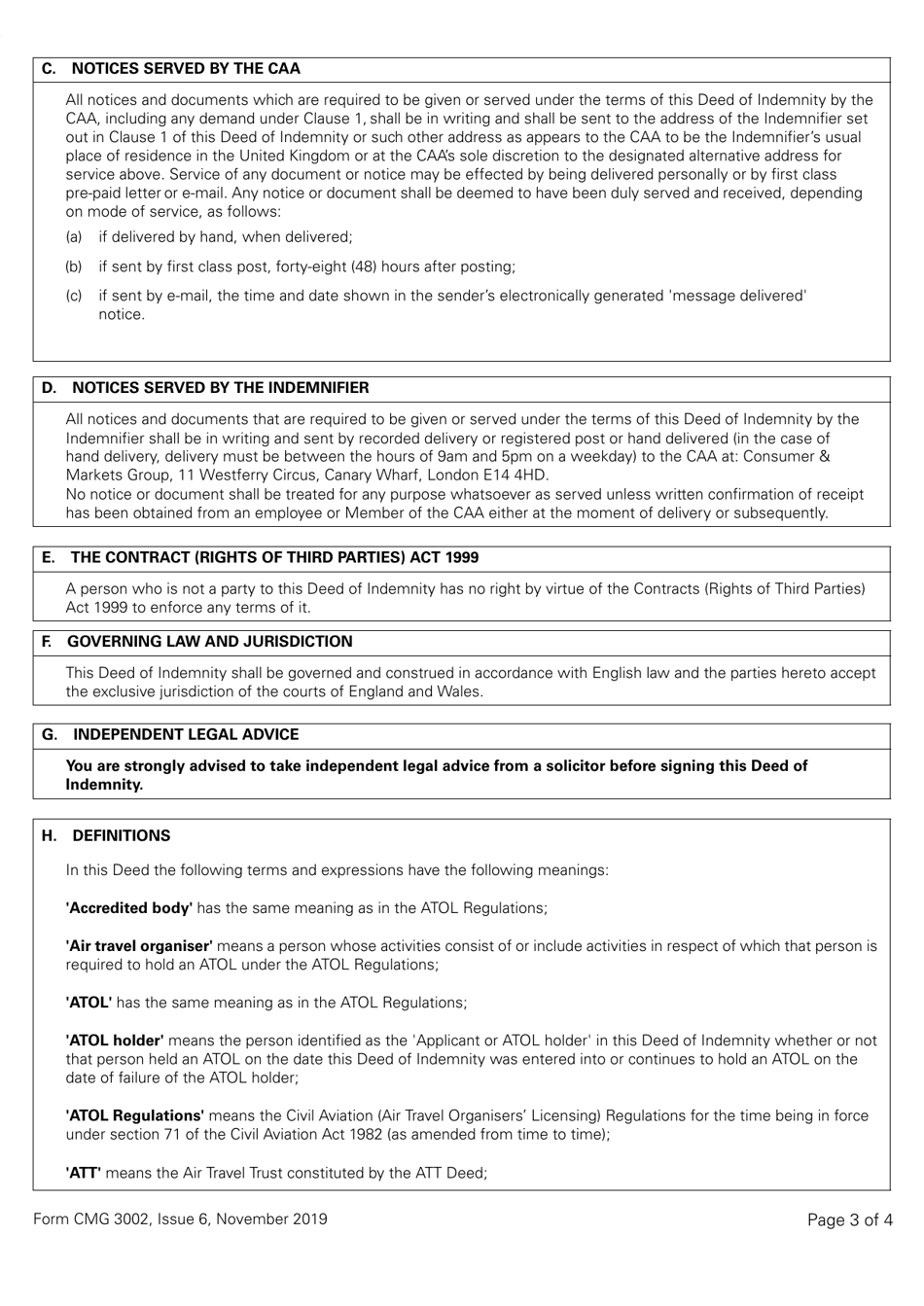 Form CMG3002 Deed of Indemnity From an Individual to the Att Trustees Overtrading Indemnity - SBA Atol (Or Franchise Member Licensed for 1,000 Passengers or Fewer) - United Kingdom, Page 3