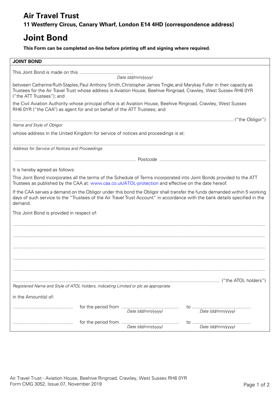 Form CMG3052 Joint Bond - United Kingdom, Page 1