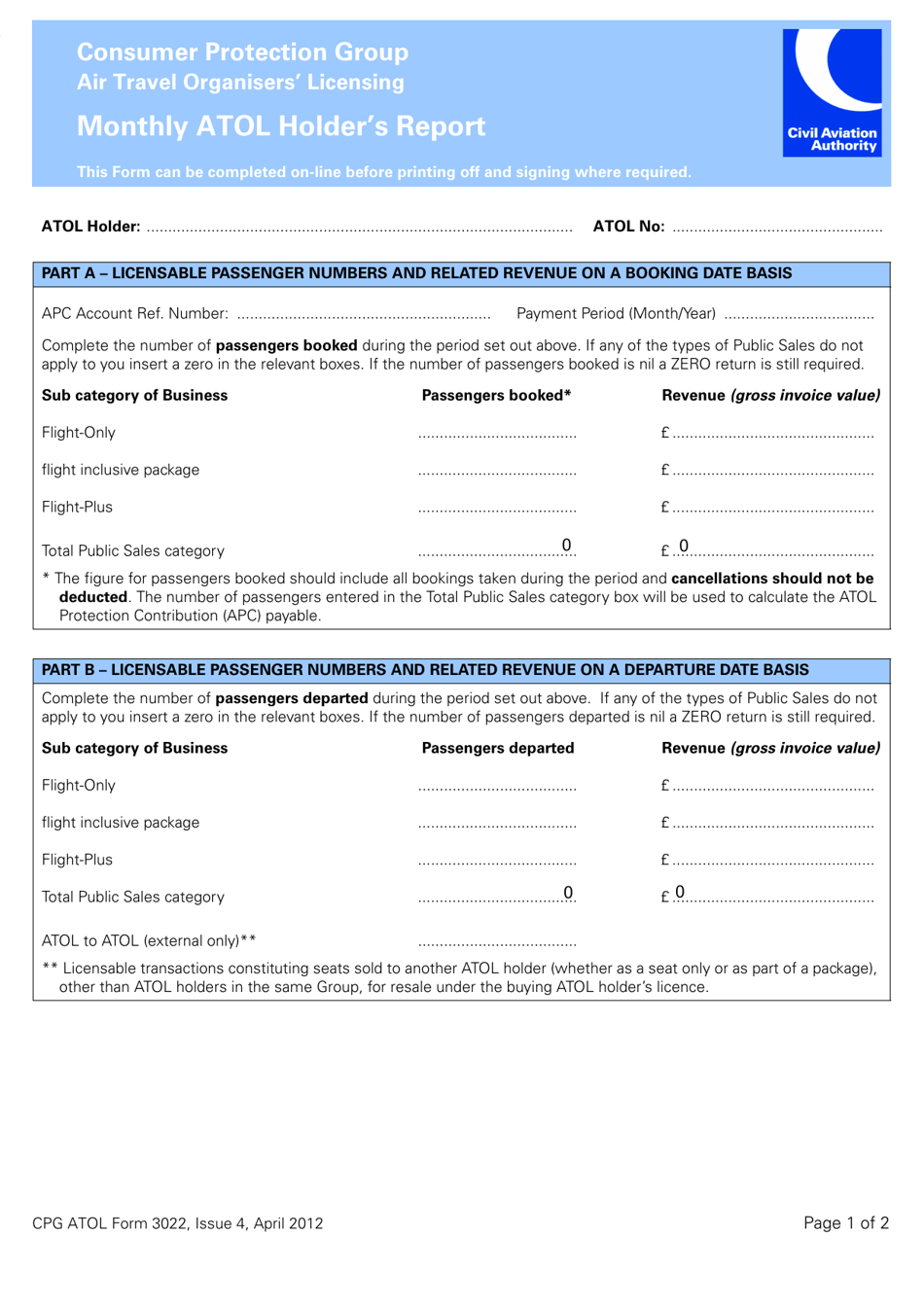 CPG ATOL Form 3022 Monthly Atol Holders Report - United Kingdom, Page 1