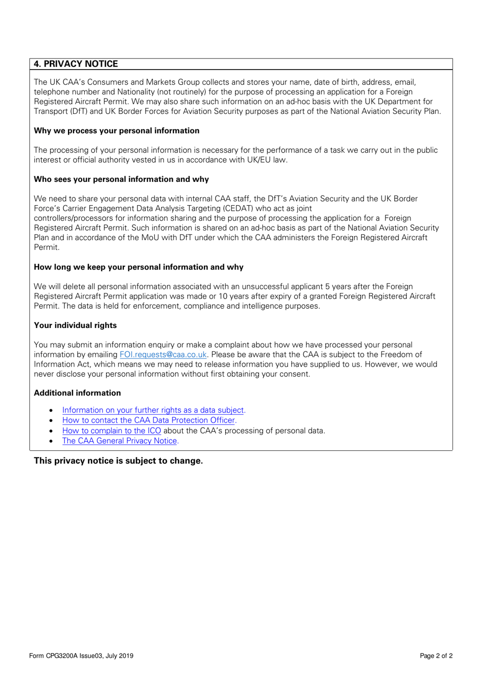 Form CPG3200A Application to Amend Existing Foreign Registered Aircraft Permit Under Article 250 of the Air Navigation Order 2016 - Ad-Hoc or Charter Permit - United Kingdom, Page 2