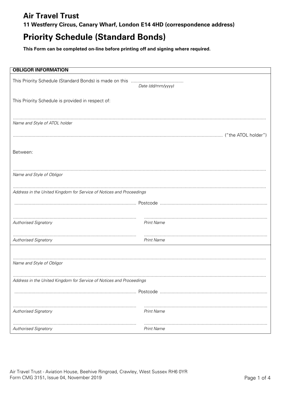 Form CMG3151 Priority Schedule (Standard Bonds) - United Kingdom, Page 1