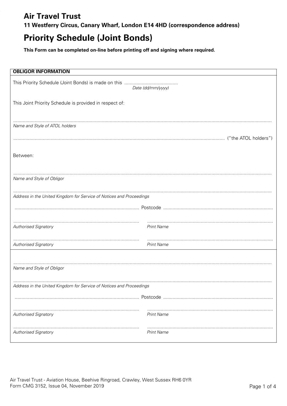 Form CMG3152 Priority Schedule (Joint Bonds) - United Kingdom, Page 1