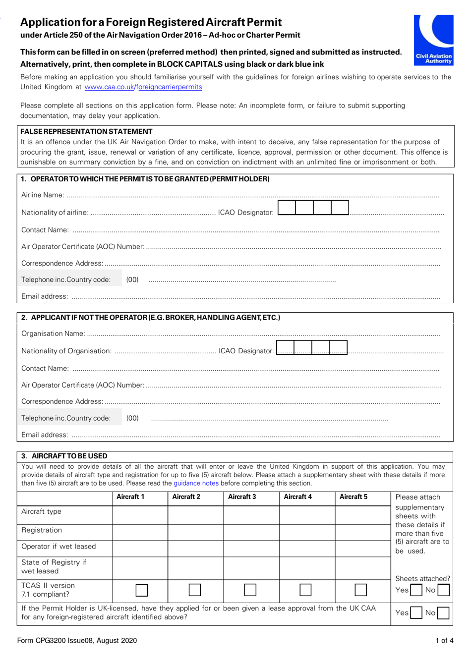 Form CPG3200 Application for a Foreign Registered Aircraft Permit Under Article 250 of the Air Navigation Order 2016 - Ad-Hoc or Charter Permit - United Kingdom, Page 1