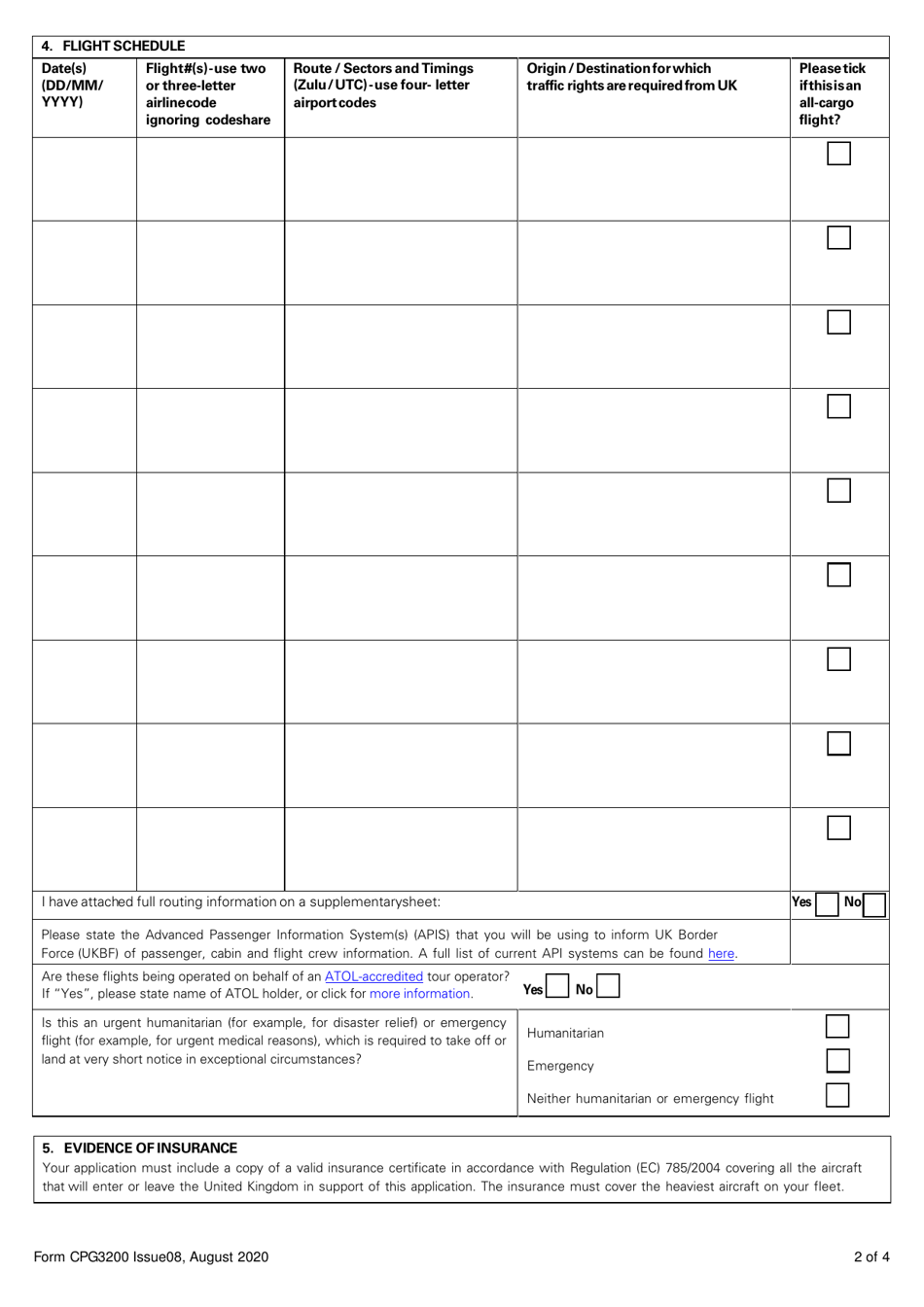 Form CPG3200 Application for a Foreign Registered Aircraft Permit Under Article 250 of the Air Navigation Order 2016 - Ad-Hoc or Charter Permit - United Kingdom, Page 2