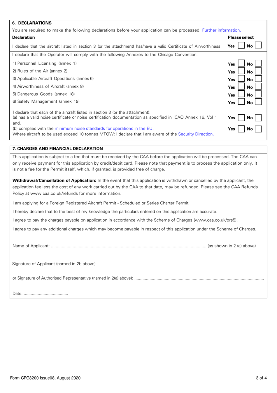 Form CPG3200 Application for a Foreign Registered Aircraft Permit Under Article 250 of the Air Navigation Order 2016 - Ad-Hoc or Charter Permit - United Kingdom, Page 3