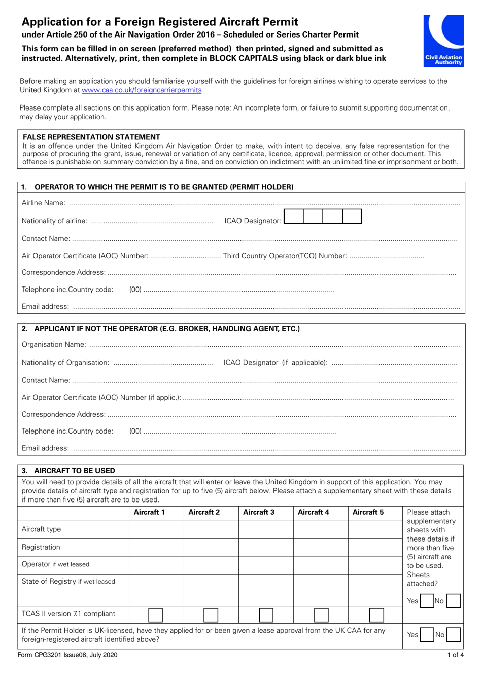 Form CPG3201 Application for a Foreign Registered Aircraft Permit Under Article 250 of the Air Navigation Order 2016 - Scheduled or Series Charter Permit - United Kingdom, Page 1