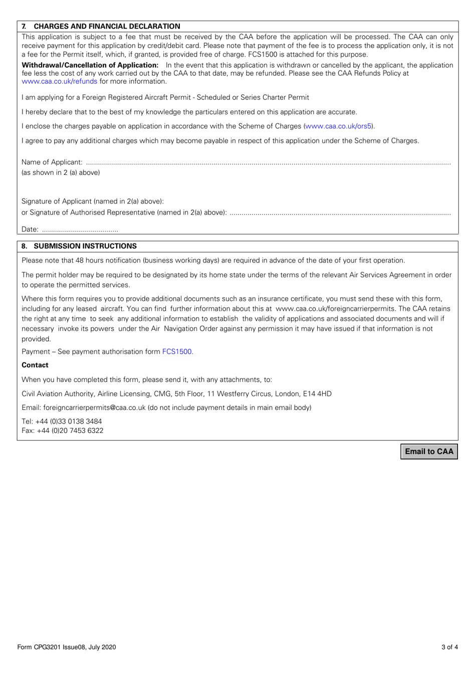 Form CPG3201 Application for a Foreign Registered Aircraft Permit Under Article 250 of the Air Navigation Order 2016 - Scheduled or Series Charter Permit - United Kingdom, Page 3