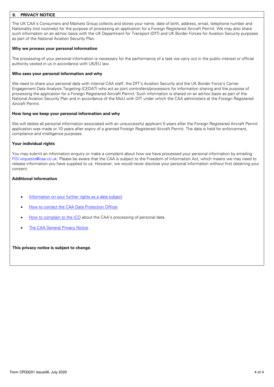 Form CPG3201 Application for a Foreign Registered Aircraft Permit Under Article 250 of the Air Navigation Order 2016 - Scheduled or Series Charter Permit - United Kingdom, Page 4
