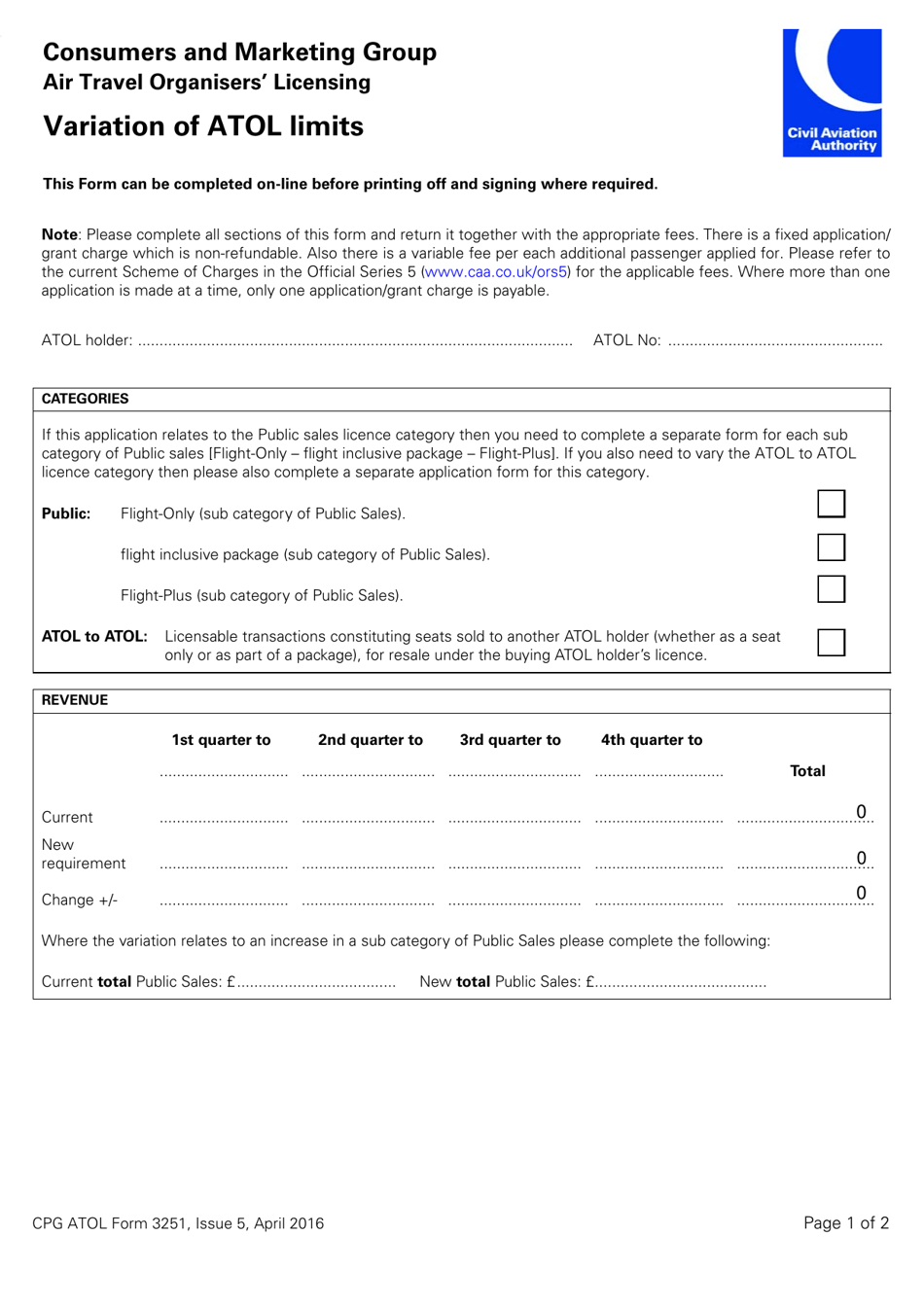 CPG ATOL Form 3251 Variation of Atol Limits - United Kingdom, Page 1