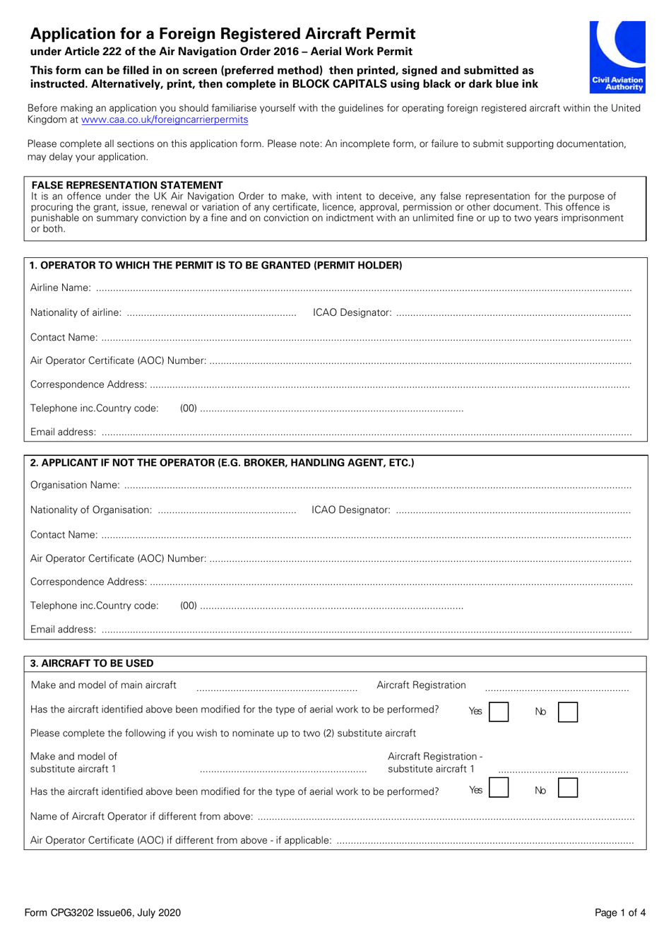 Form CPG3202 Application for a Foreign Registered Aircraft Permit Under Article 222 of the Air Navigation Order 2016 - Aerial Work Permit - United Kingdom, Page 1