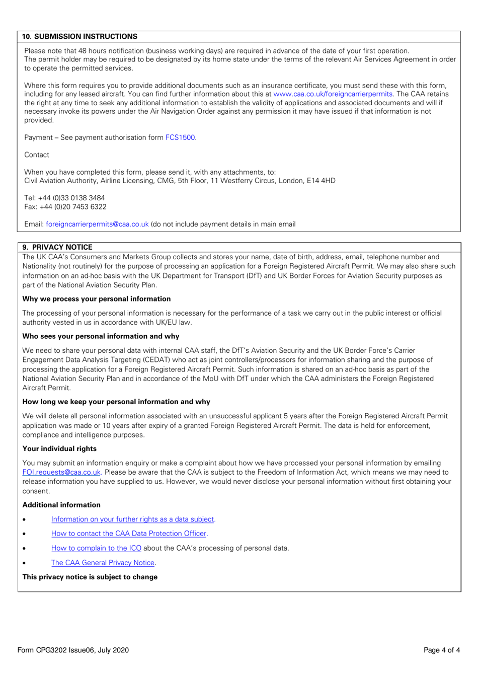 Form CPG3202 Application for a Foreign Registered Aircraft Permit Under Article 222 of the Air Navigation Order 2016 - Aerial Work Permit - United Kingdom, Page 4