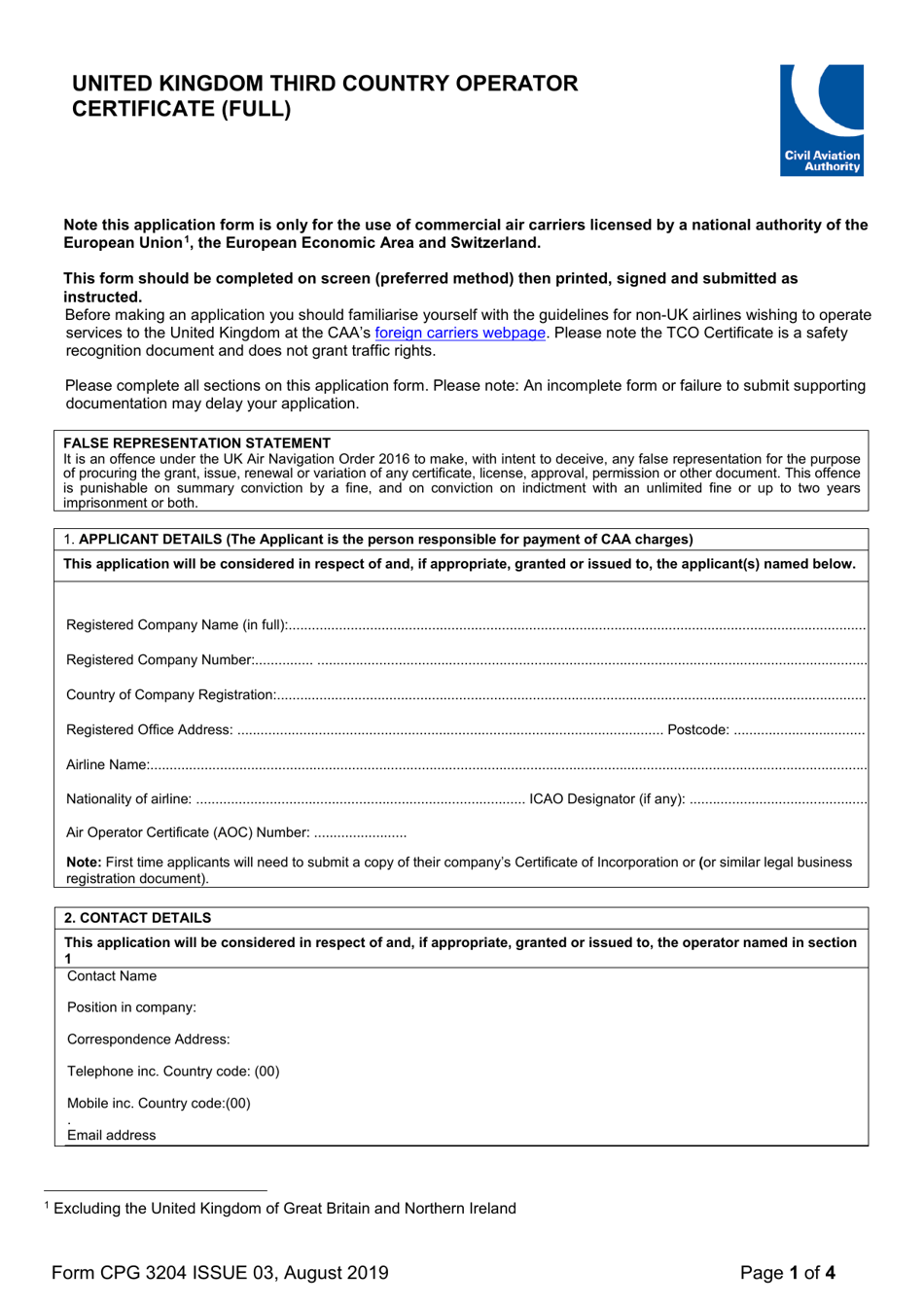 Form CPG3204 United Kingdom Third Country Operator Certificate (Full) - United Kingdom, Page 1