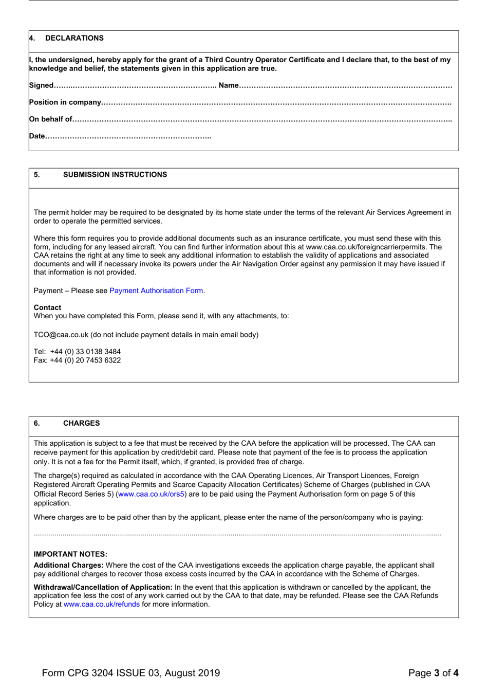Form CPG3204 United Kingdom Third Country Operator Certificate (Full) - United Kingdom, Page 3