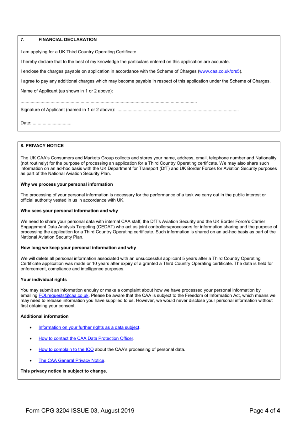 Form CPG3204 United Kingdom Third Country Operator Certificate (Full) - United Kingdom, Page 4
