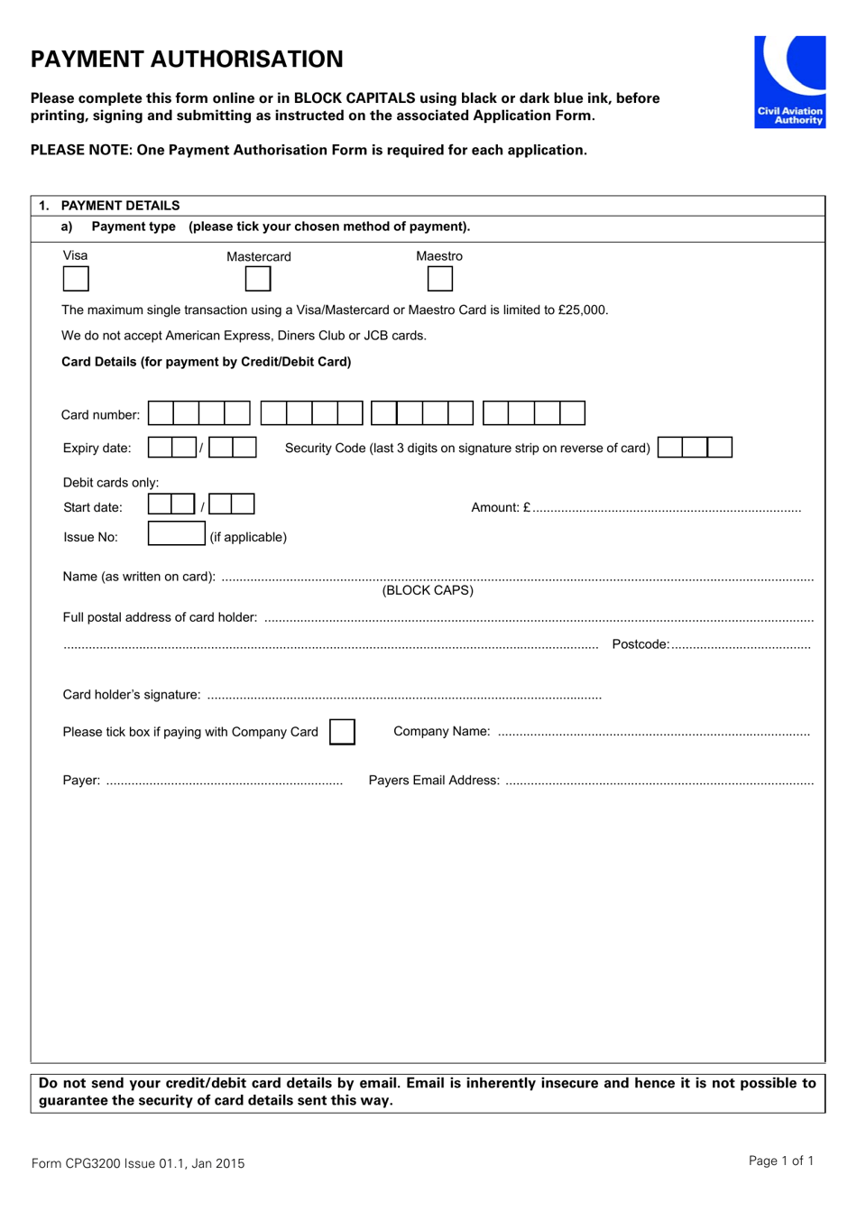 Form CPG3200 Payment Authorisation - United Kingdom, Page 1