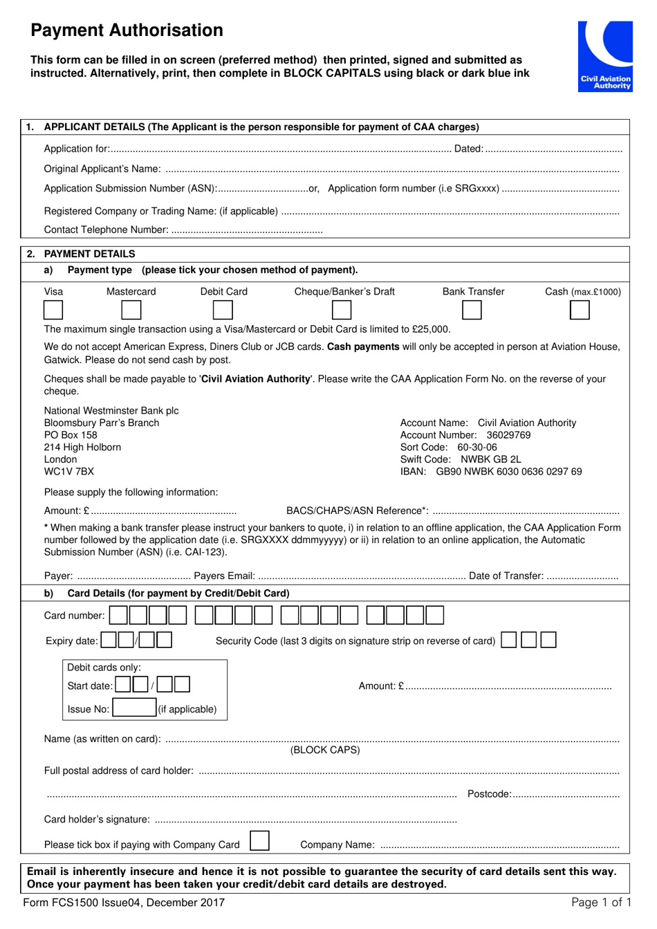 Form FCS1500 Payment Authorisation - United Kingdom, Page 1