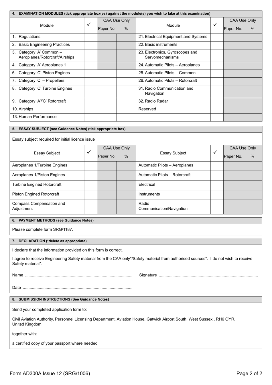 Form SRG 1006 (AD300A) Aircraft Maintenance Engineers Licence Application for Bcar Section L Written Examination(S) - United Kingdom, Page 2