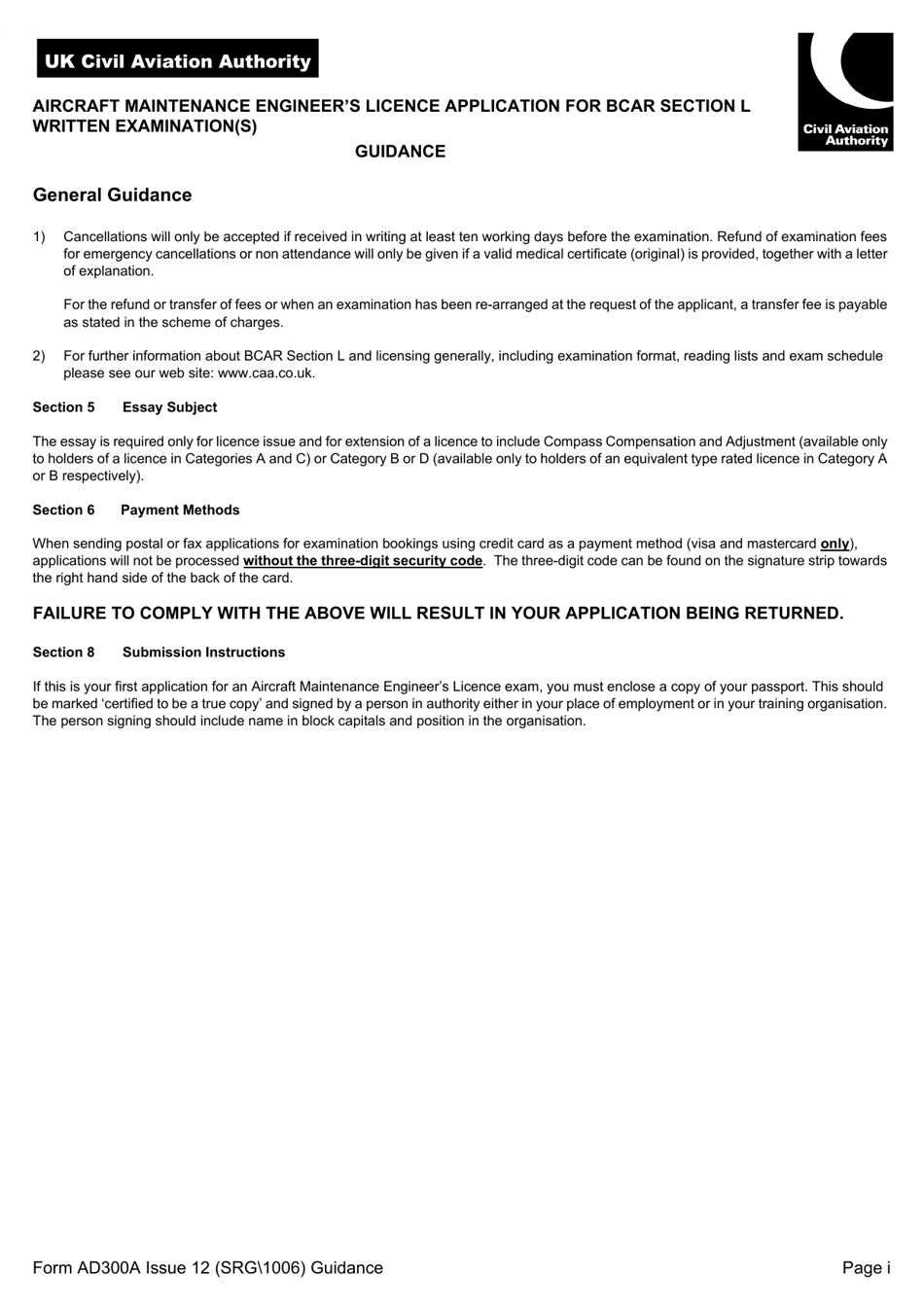 Form SRG 1006 (AD300A) Aircraft Maintenance Engineers Licence Application for Bcar Section L Written Examination(S) - United Kingdom, Page 3