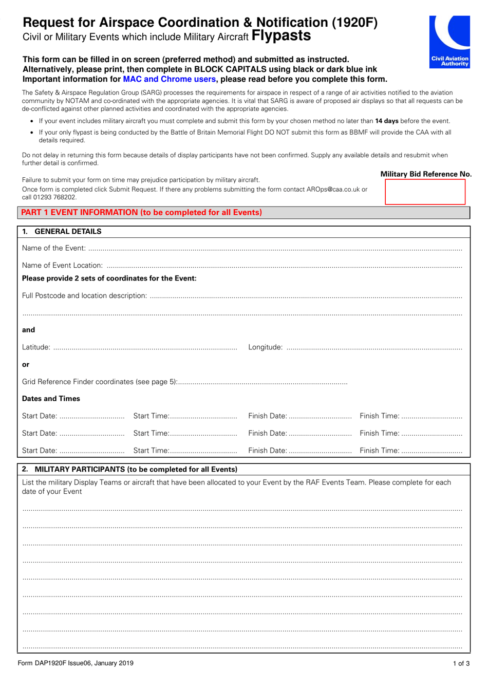 Form DAP1920F Request for Airspace Coordination and Notification - Flypasts - United Kingdom, Page 1