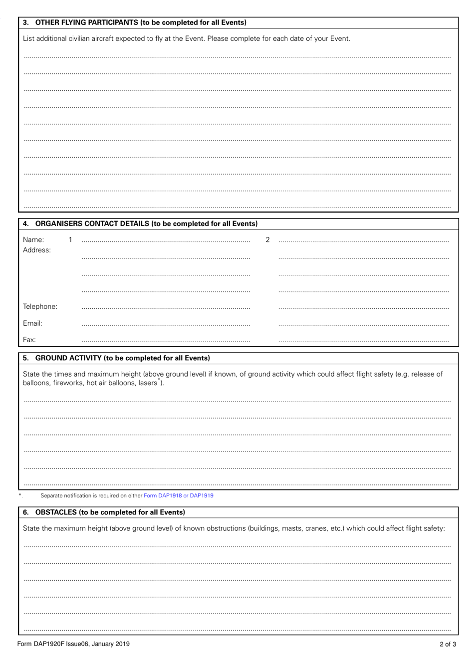Form DAP1920F Request for Airspace Coordination and Notification - Flypasts - United Kingdom, Page 2