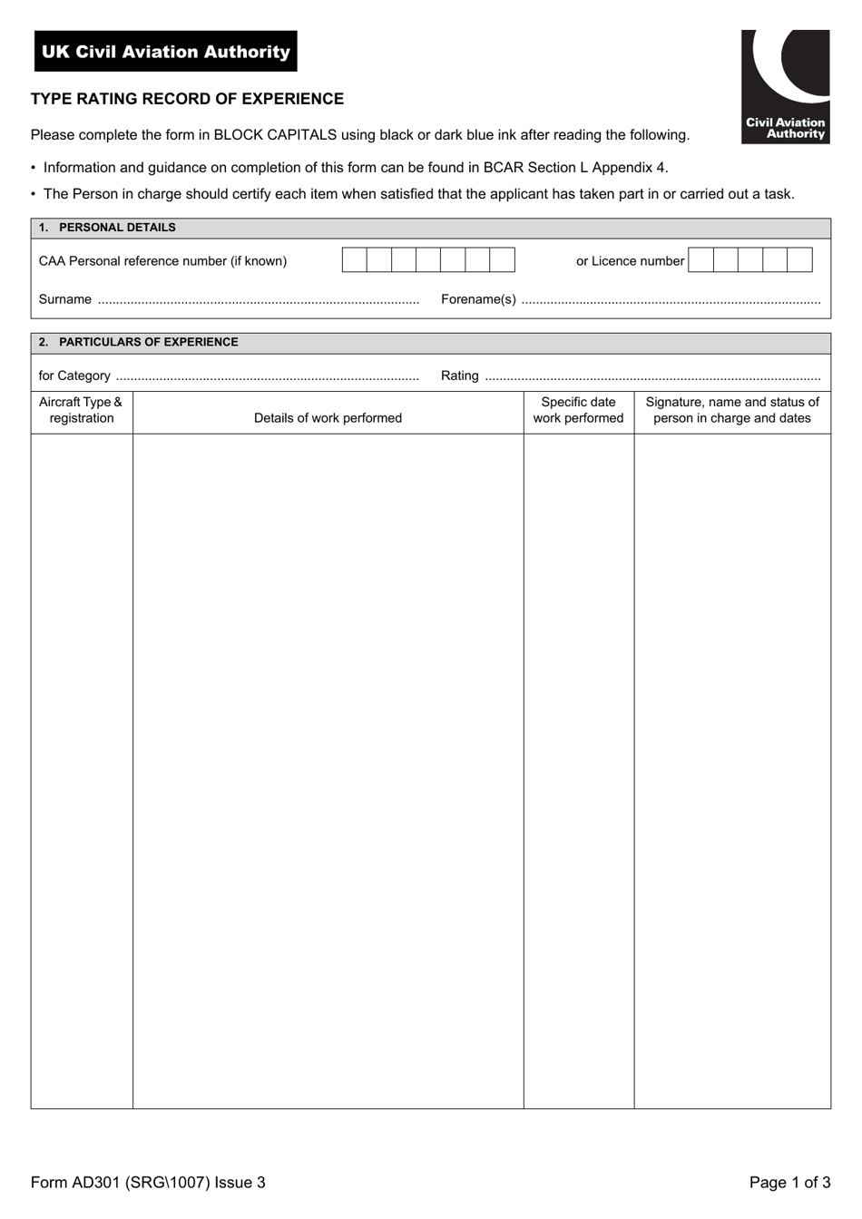 Form SRG 1007 (AD301) Type Rating Record of Experience - United Kingdom, Page 1