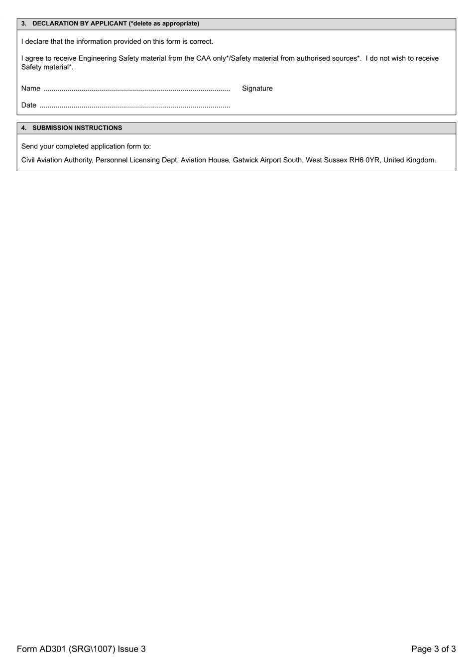 Form SRG 1007 (AD301) Type Rating Record of Experience - United Kingdom, Page 3
