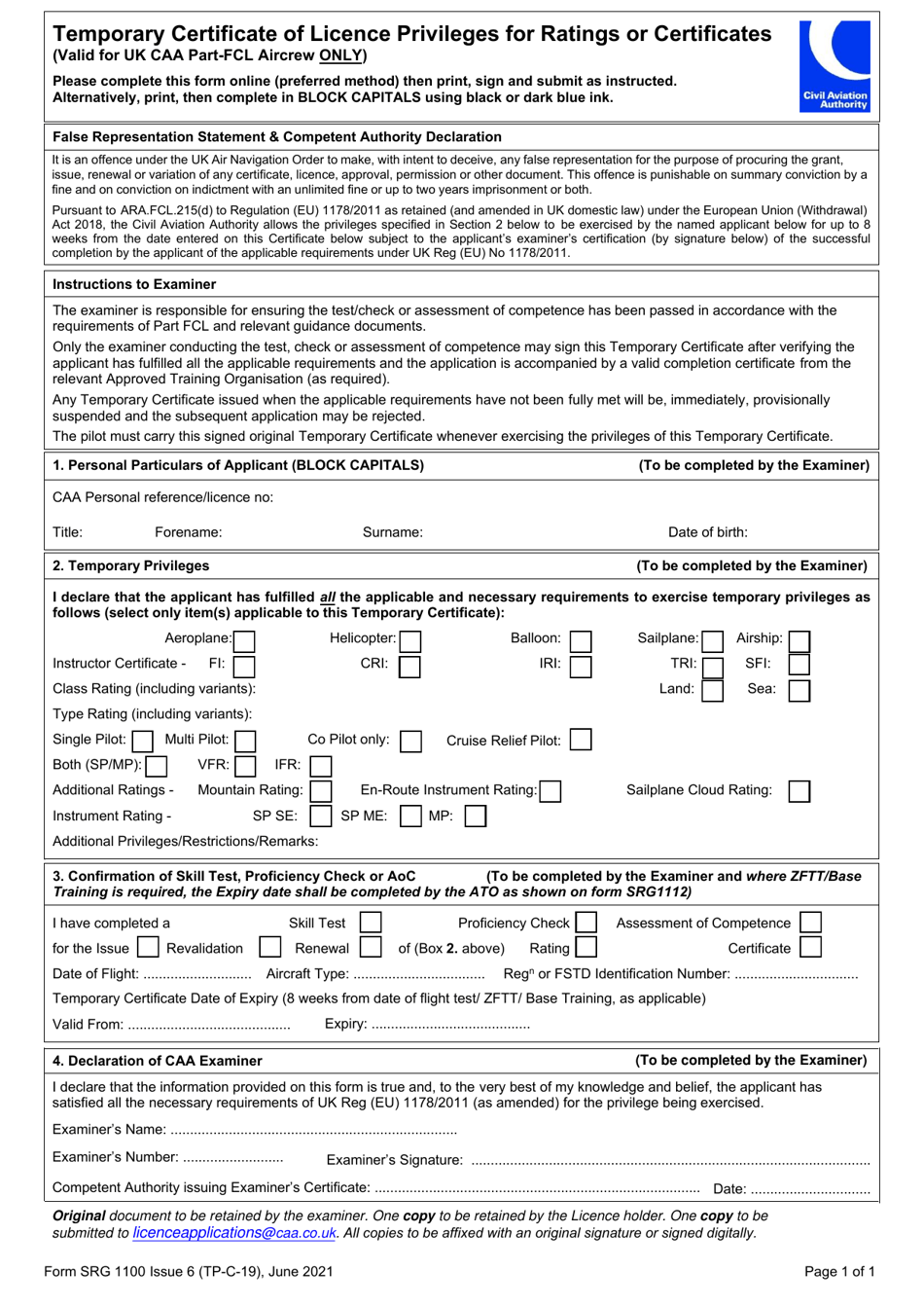 Form SRG1100 Temporary Certificate of Licence Privileges for Ratings or Certificates (Valid for UK Caa Part-Fcl Aircrew Only) - United Kingdom, Page 1
