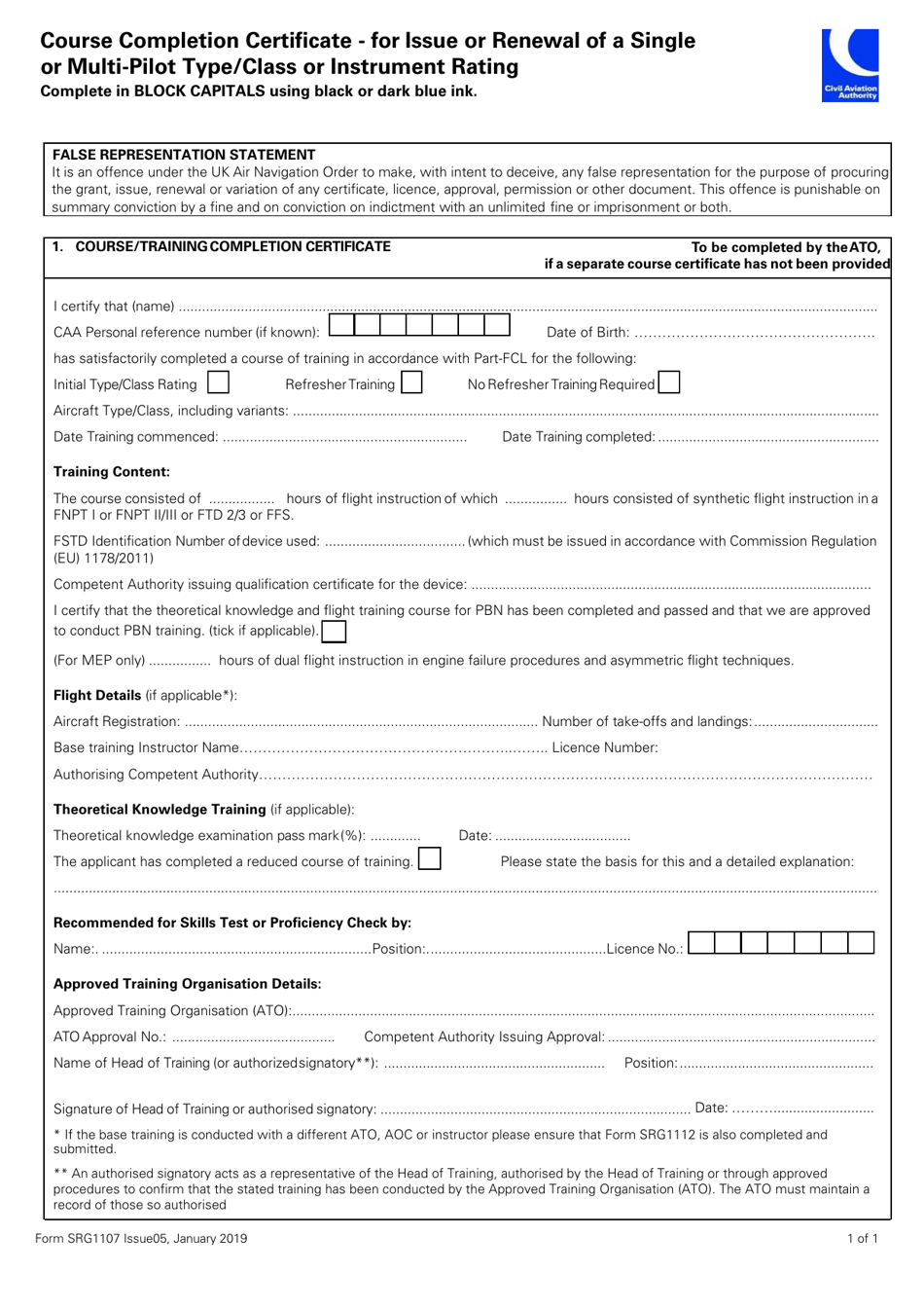 Form SRG1107 Course Completion Certificate - for Issue or Renewal of a Single or Multi-Pilot Type / Class or Instrument Rating - United Kingdom, Page 1