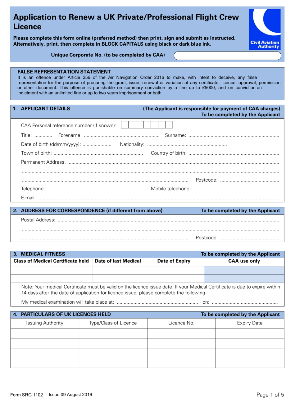 Form SRG1102 Application to Renew a UK Private/Professional Flight Crew Licence - United Kingdom, Page 1
