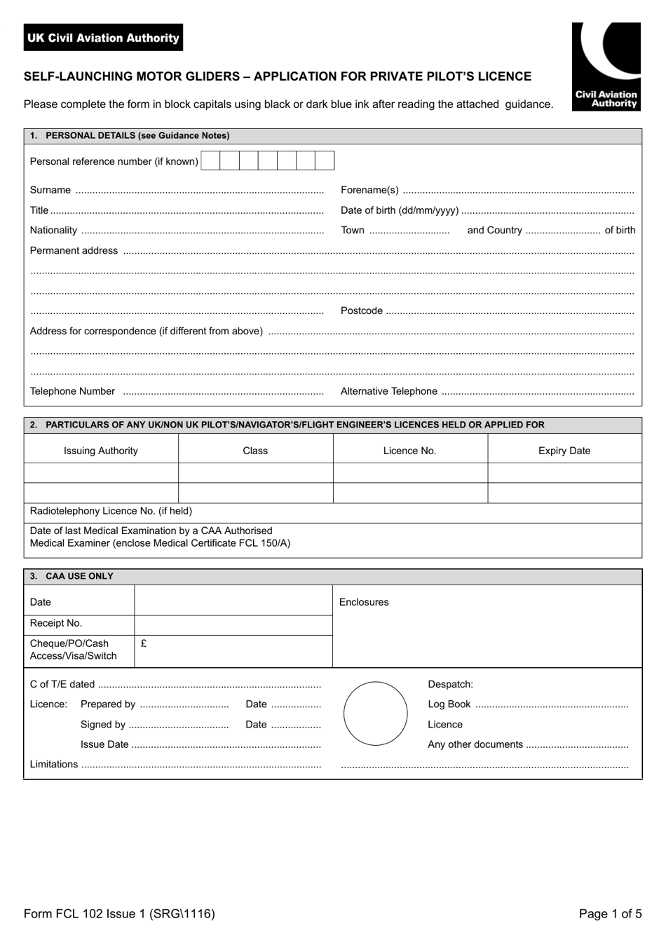 Form SRG 1116 (FCL102) Self-launching Motor Gliders - Application for Private Pilots Licence - United Kingdom, Page 1