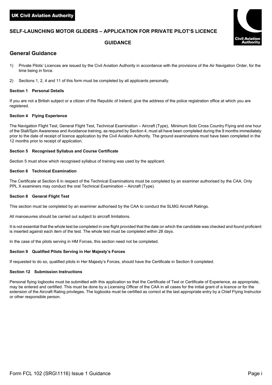 Form SRG 1116 (FCL102) Self-launching Motor Gliders - Application for Private Pilots Licence - United Kingdom, Page 6
