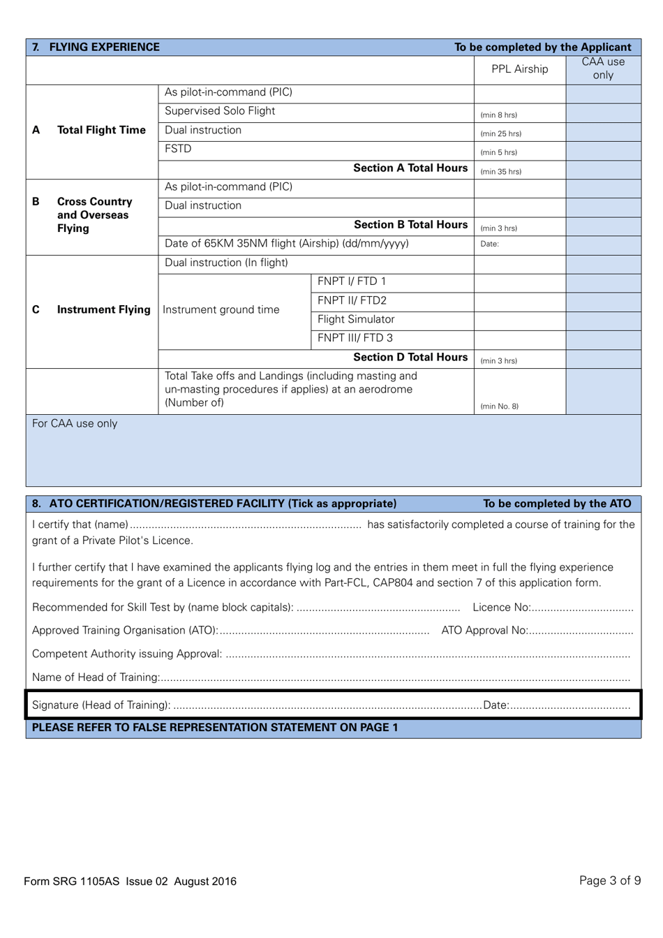 Form SRG1105AS Airship - Application for Part-Fcl Private Pilot Licence - United Kingdom, Page 3