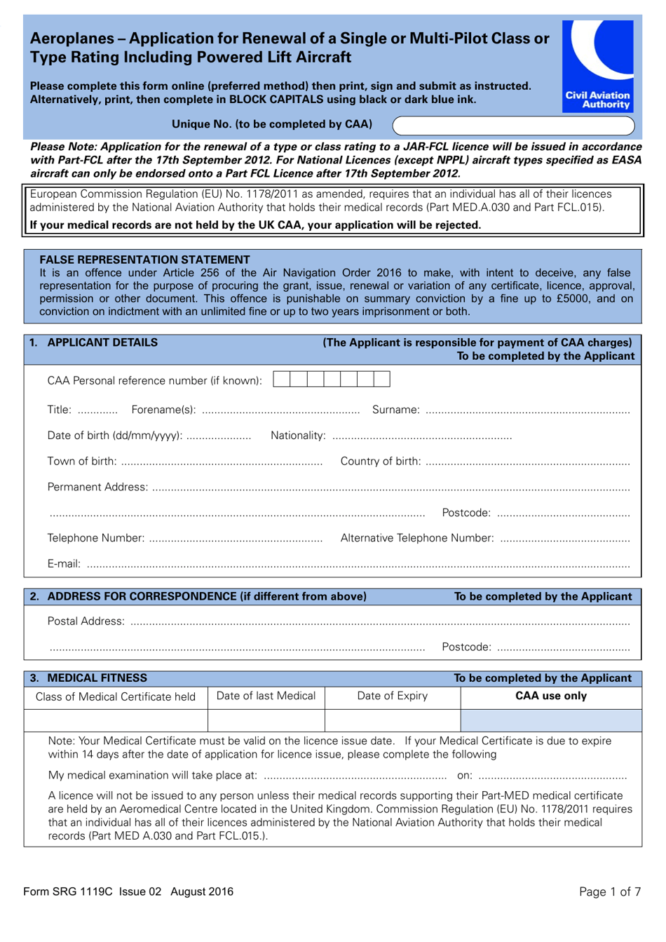 Form SRG1119C Aeroplanes - Application for Renewal of a Single or Multi-Pilot Class or Type Rating Including Powered Lift Aircraft - United Kingdom, Page 1