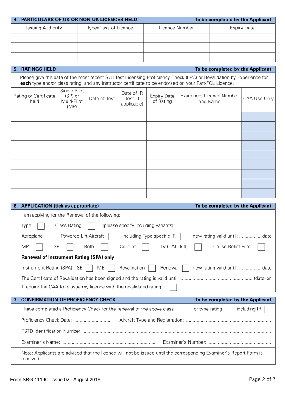 Form SRG1119C Aeroplanes - Application for Renewal of a Single or Multi-Pilot Class or Type Rating Including Powered Lift Aircraft - United Kingdom, Page 2