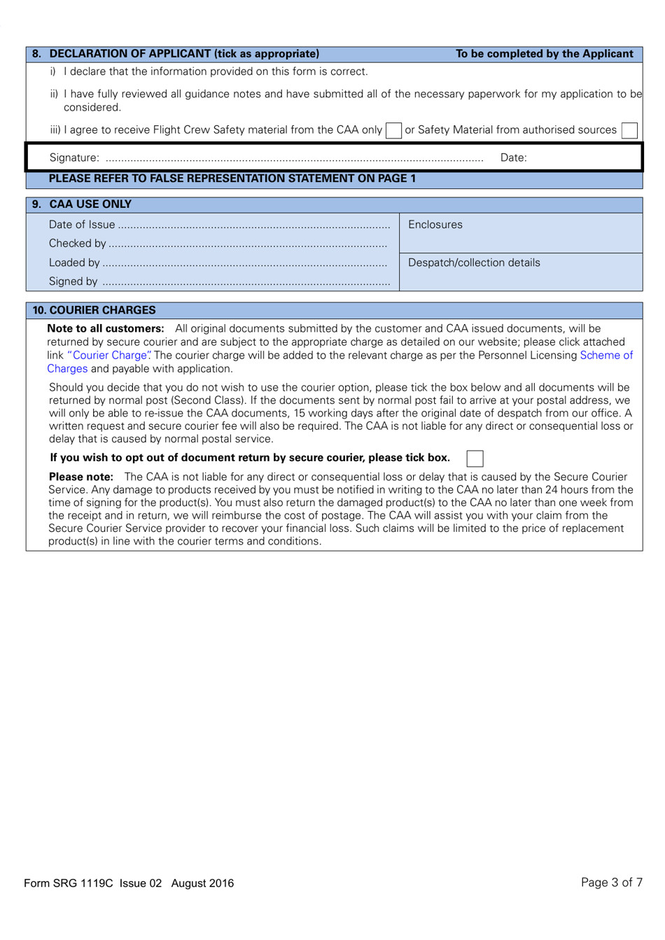 Form SRG1119C Aeroplanes - Application for Renewal of a Single or Multi-Pilot Class or Type Rating Including Powered Lift Aircraft - United Kingdom, Page 3