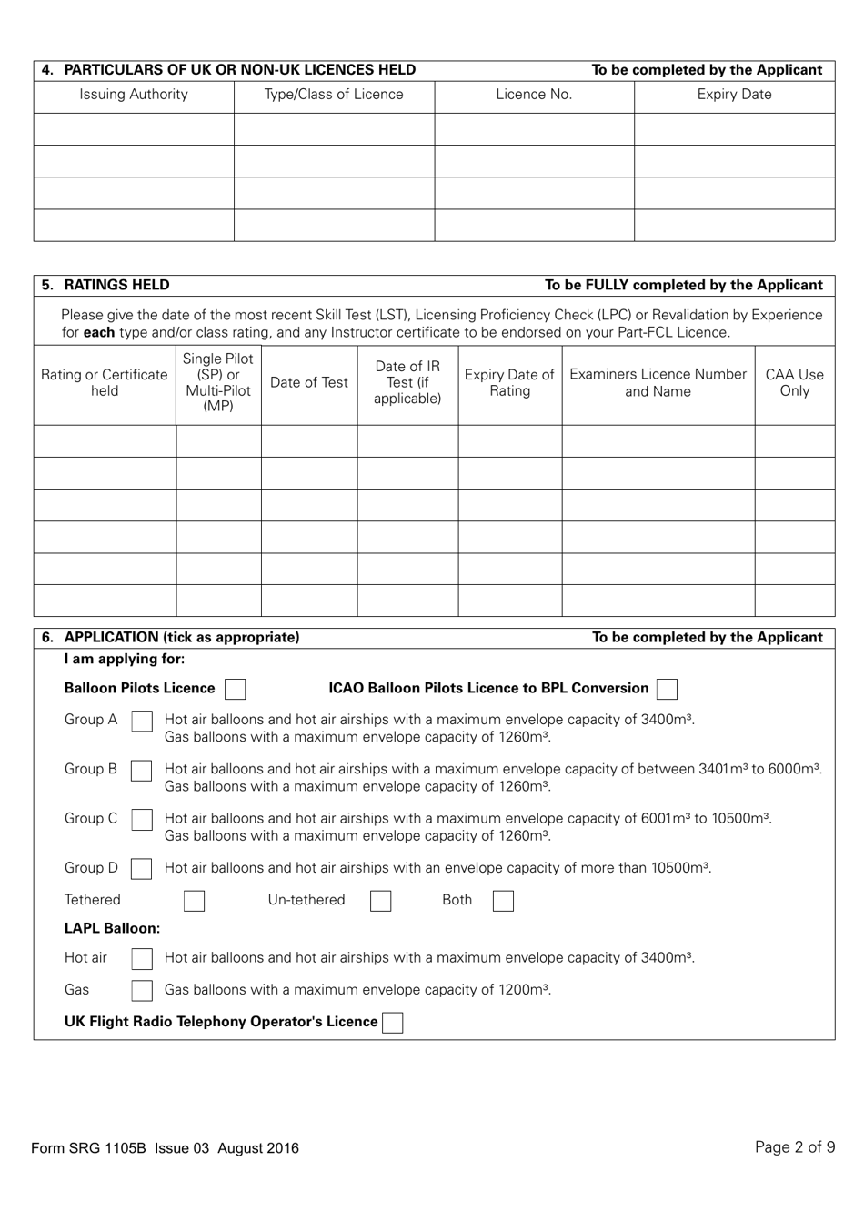 Form SRG1105B Balloon - Application for Part-Fcl Balloon Pilot Licence and Light Aircraft Pilot Licence - United Kingdom, Page 2