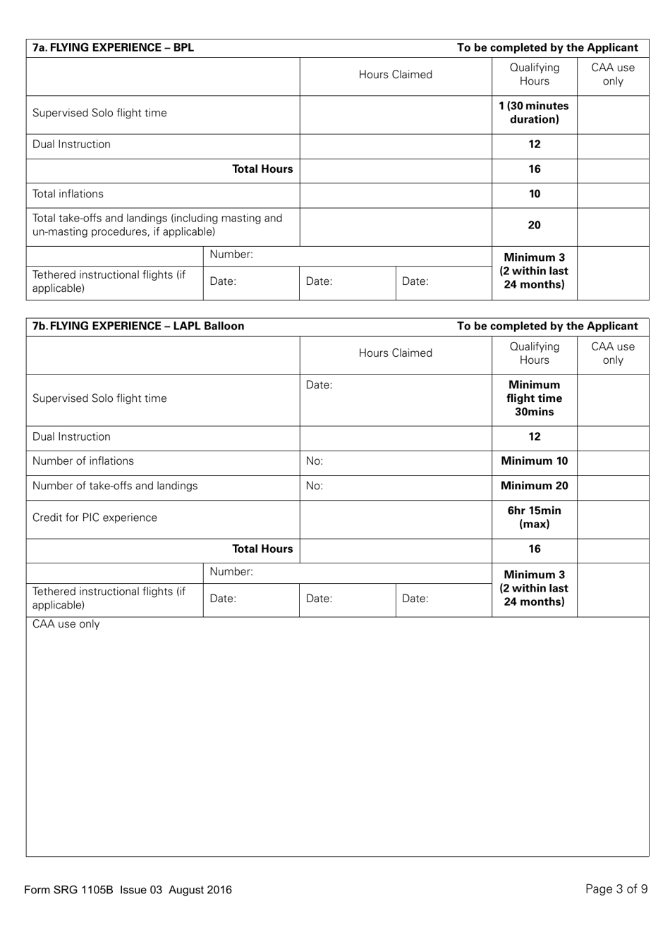 Form SRG1105B Balloon - Application for Part-Fcl Balloon Pilot Licence and Light Aircraft Pilot Licence - United Kingdom, Page 3
