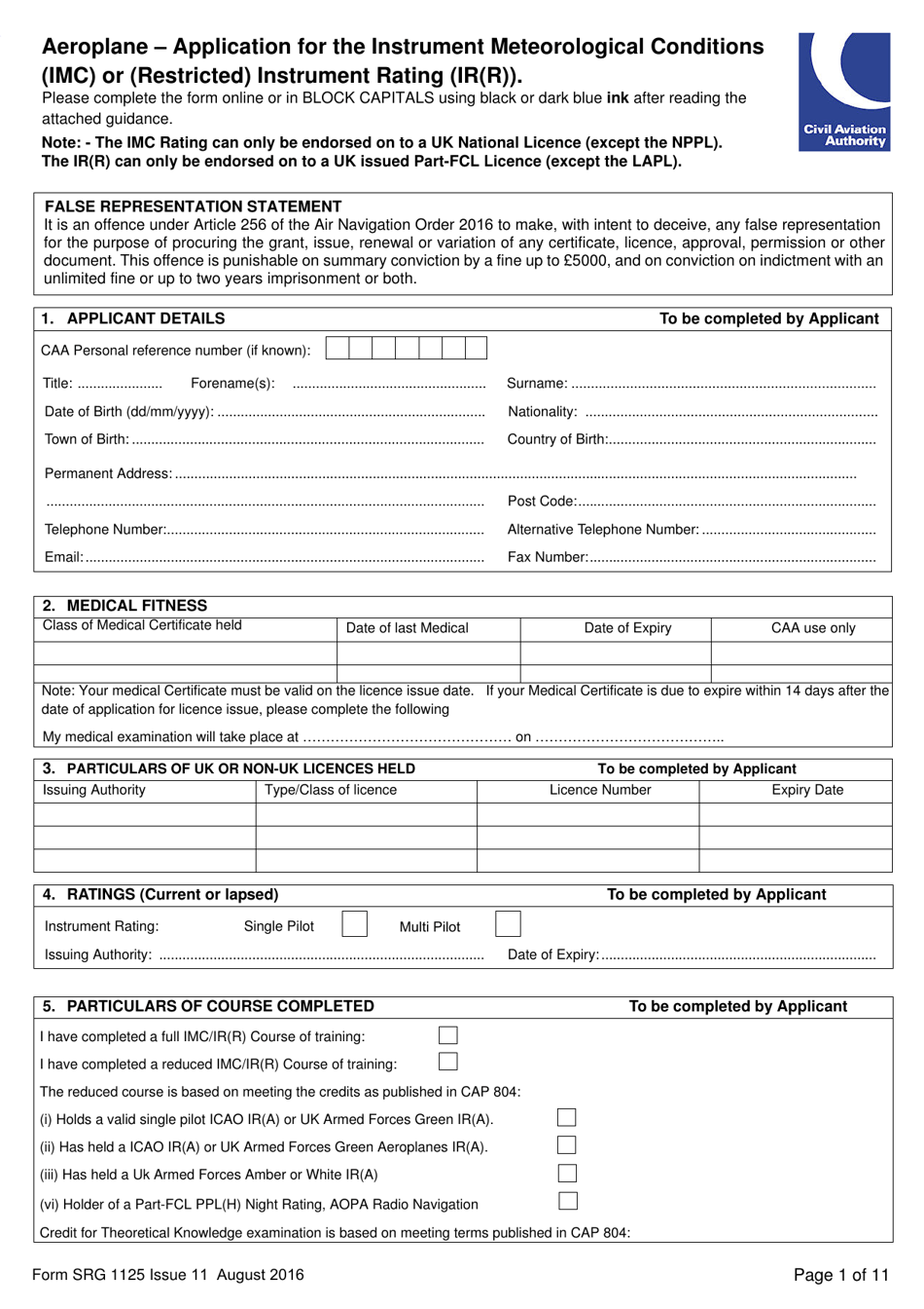 Form SRG1125 Aeroplane - Application for the Instrument Meteorological Conditions (Imc) or (Restricted) Instrument Rating (Ir(R)) - United Kingdom, Page 1