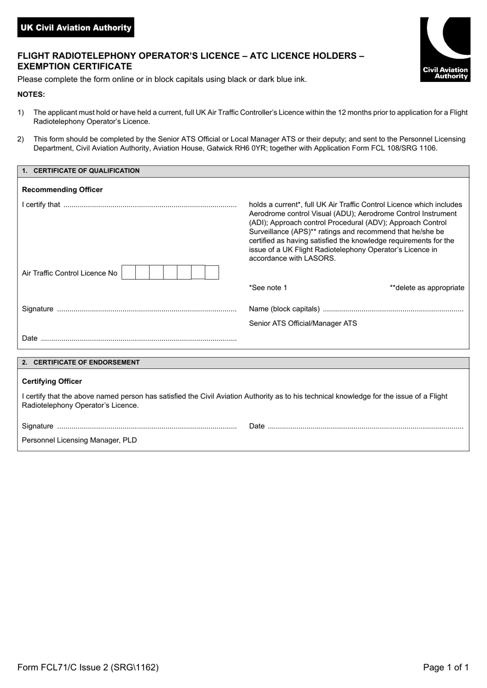 Form SRG 1162 (FCL71 / C) Flight Radiotelephony Operators Licence - Atc Licence Holders - Exemption Certificate - United Kingdom, Page 1