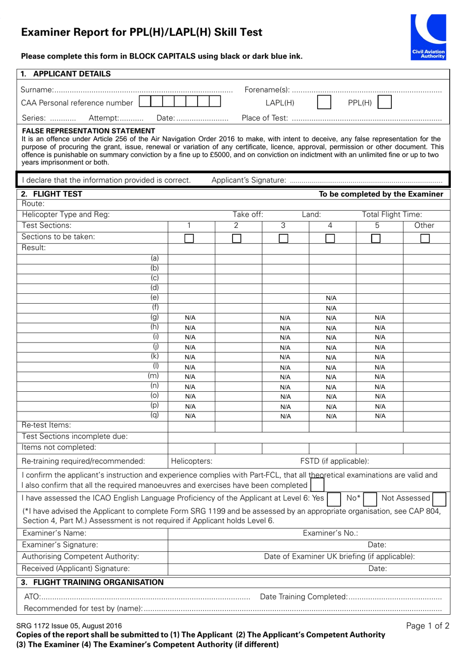 Form SRG1172 Examiner Report for Ppl(H) / Lapl(H) Skill Test - United Kingdom, Page 1