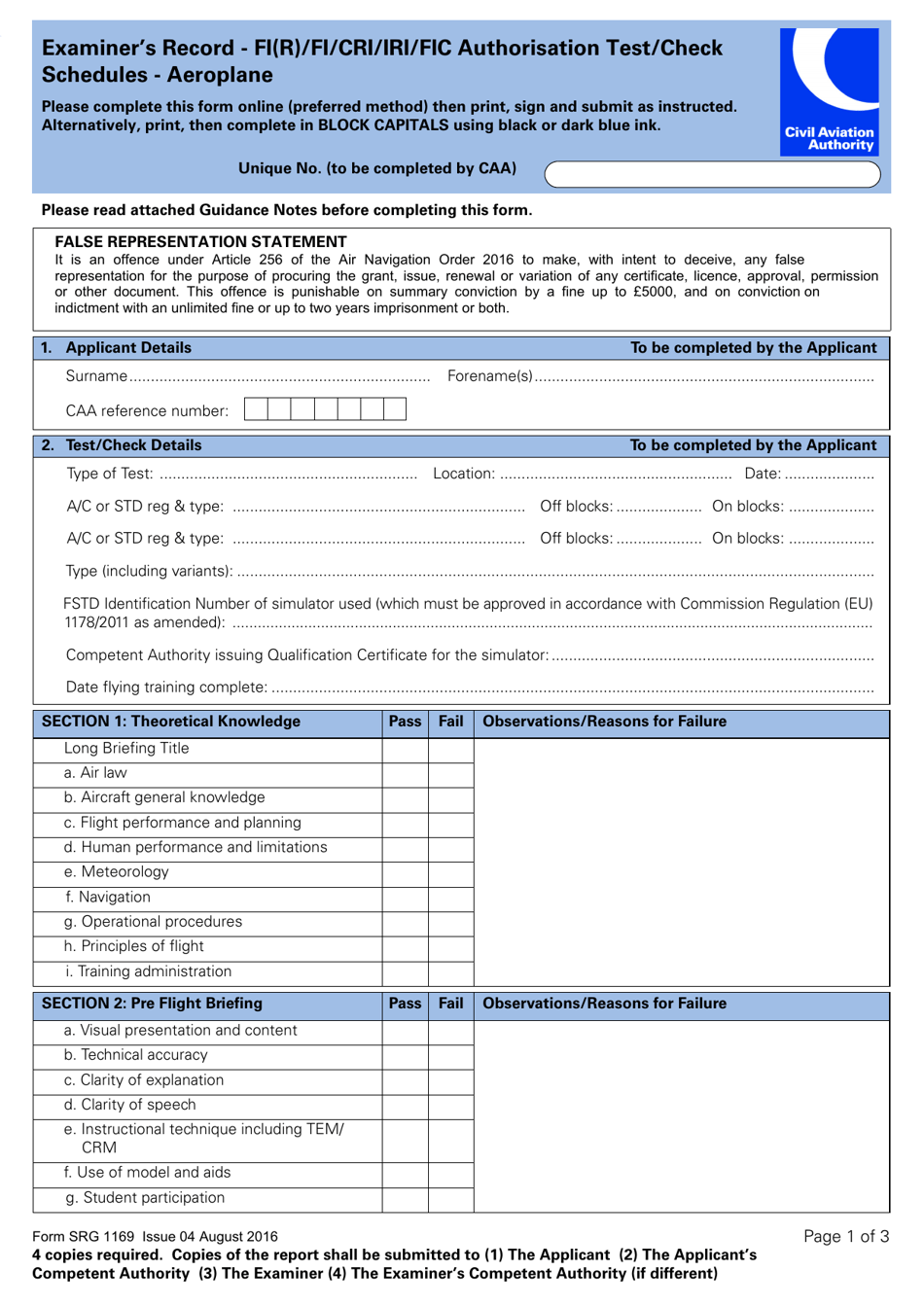 Form SRG1169 Examiners Record - Fi(R) / Fi / Cri / Iri / Fic Authorisation Test / Check Schedules - Aeroplane - United Kingdom, Page 1