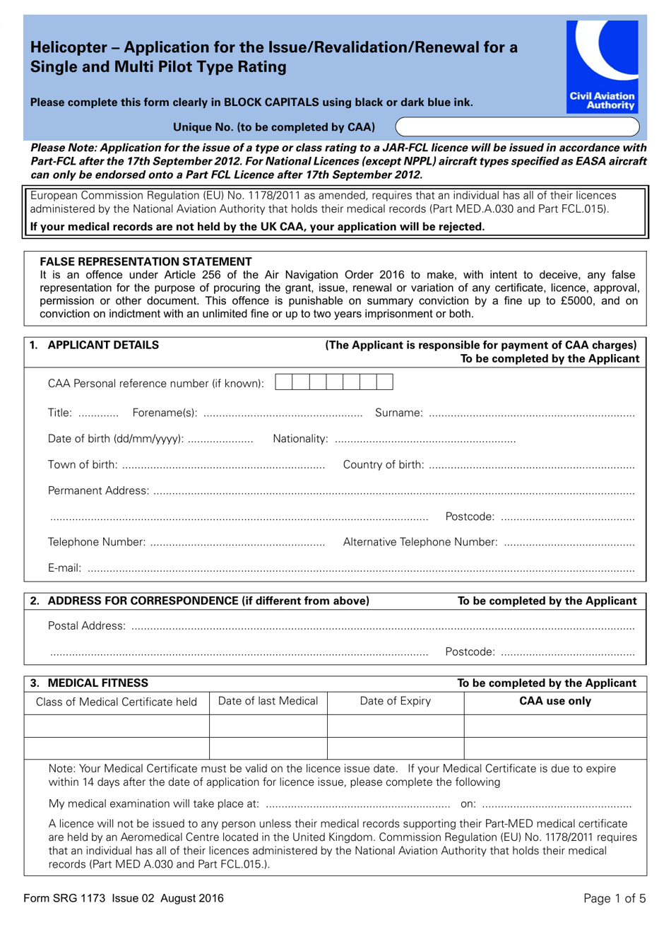 Form SRG1173 Helicopter - Application for the Issue / Revalidation / Renewal for a Single and Multi Pilot Type Rating - United Kingdom, Page 1